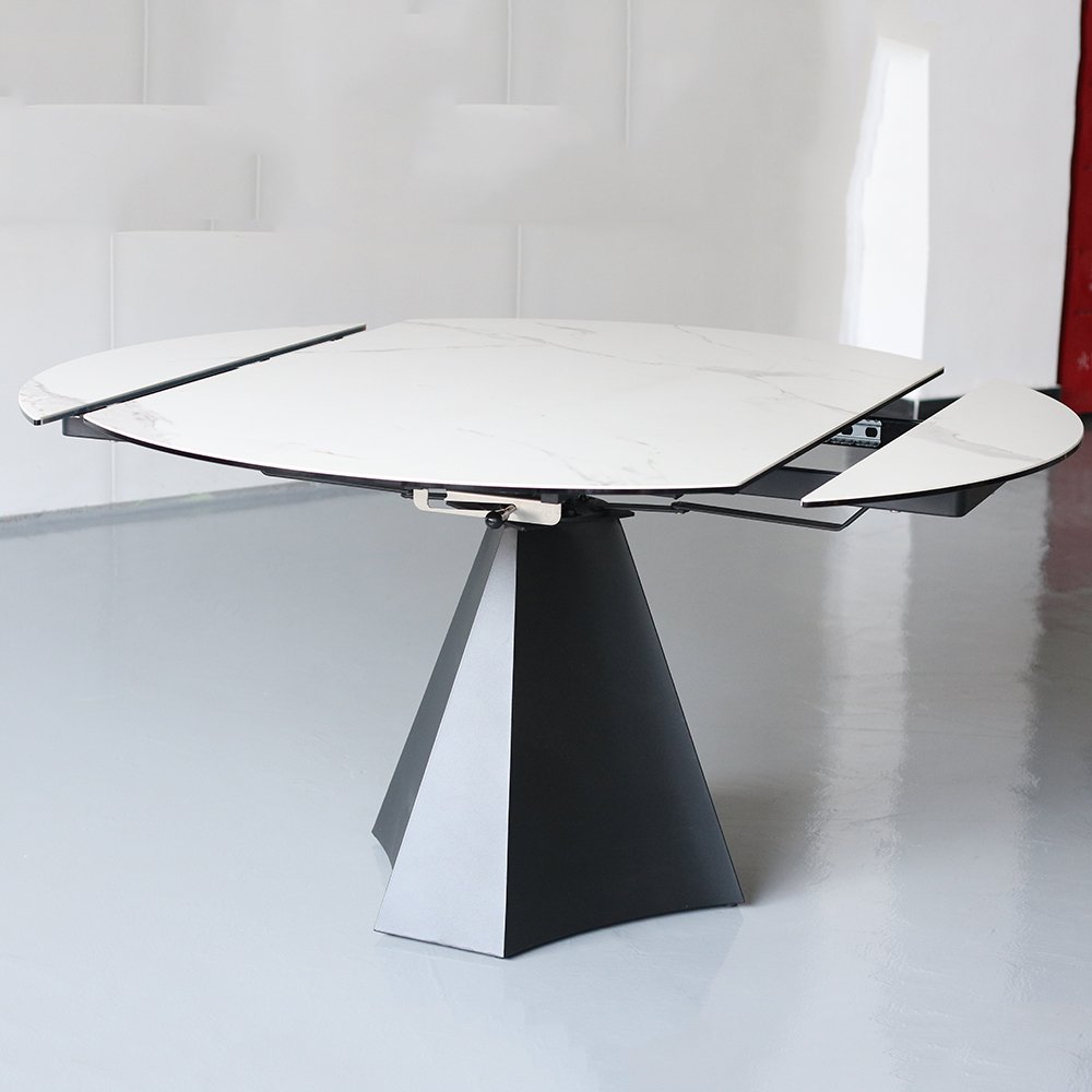 Extendable round dining table with stone top