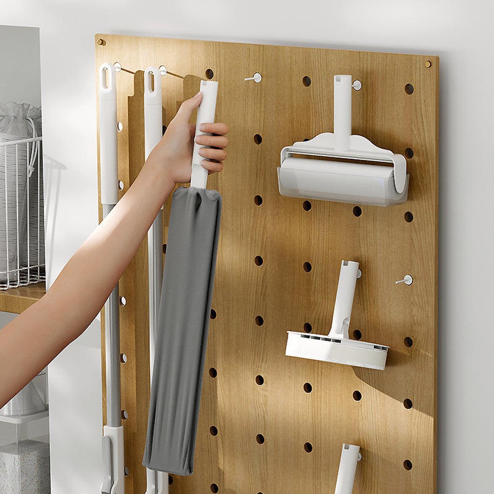 Mop and squeegee set with wall hooks