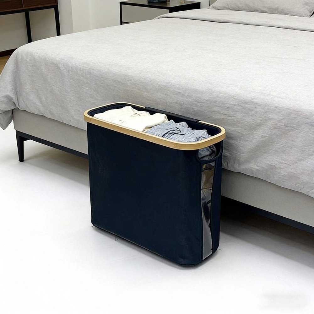 Slim laundry hamper with bamboo rim